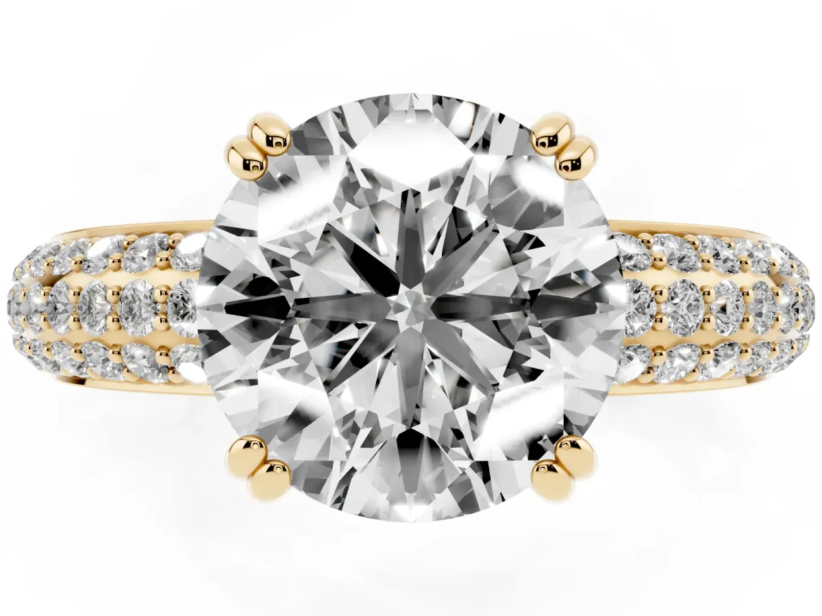 Round Cut Diamond Solitaire Ring with Multi-Row Round Pavé Band and Prong Setting Yellow gold