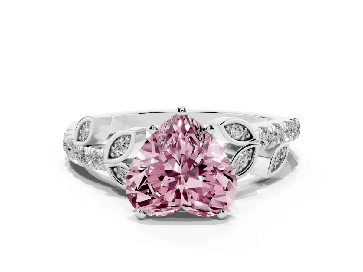 Fancy Pink Heart Cut Solitaire Leaf-Inspired Diamond Ring with Pavé Band and Four-Prong Setting Platinum