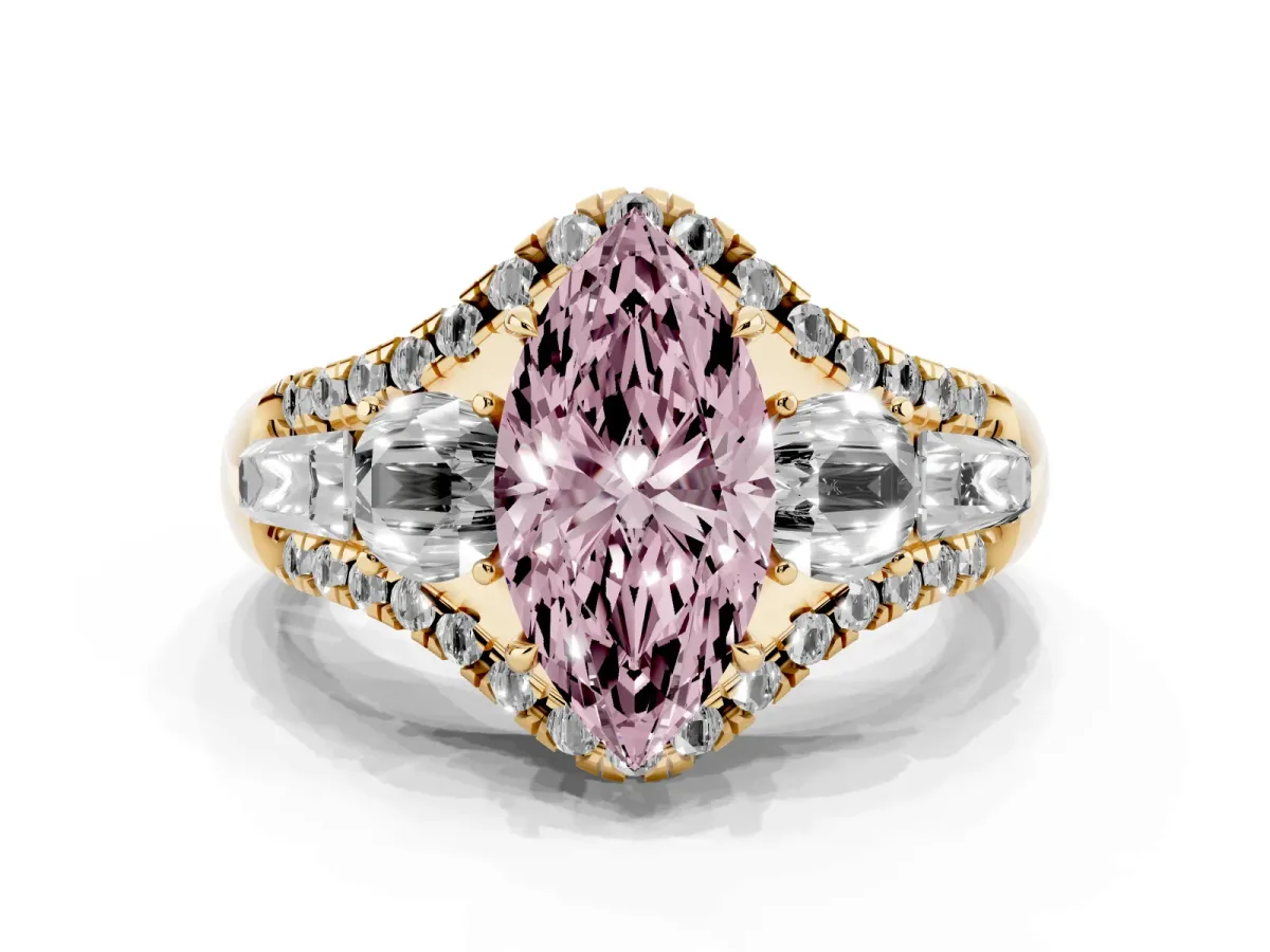 Fancy Pink Three-Stone Marquise Cut Diamond Engagement Ring with Pave Band and Prong Setting Yellow gold