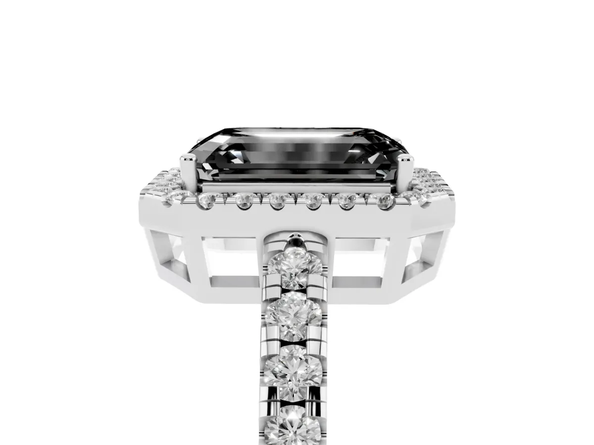 Fancy Black Emerald Cut Diamond Halo Ring with Pavé Band and Four-Prong Setting Platinum