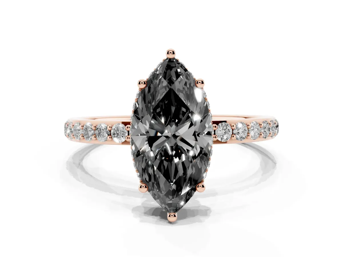 Fancy Black Marquise Cut Diamond Solitaire Ring with Pavé Band and Hidden Halo Rose gold