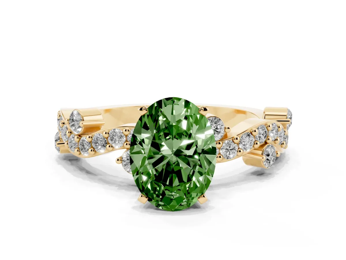 Fancy Green Oval Cut Cut Solitaire Diamond Twisted Band with Pave Setting Yellow gold
