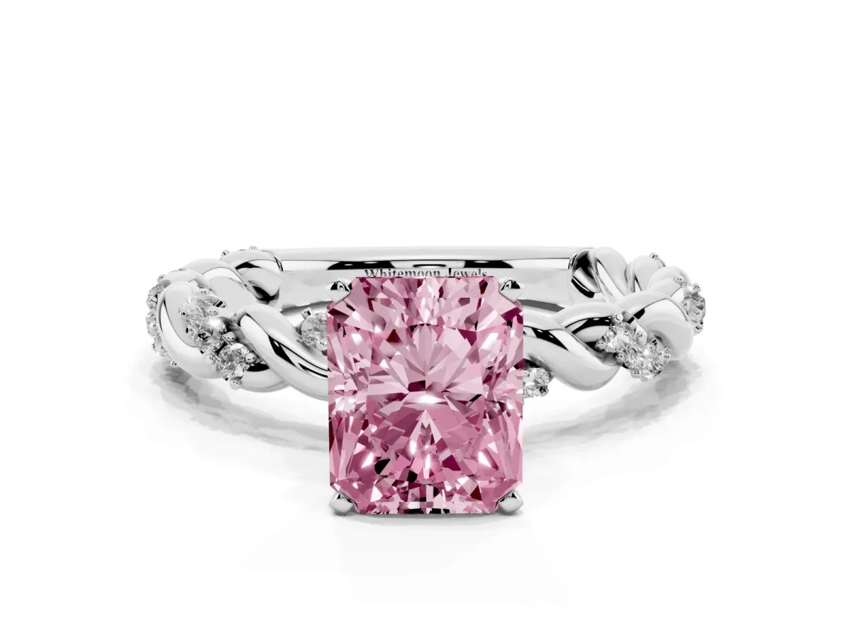 Fancy Pink Radiant Cut Diamond Solitaire Ring with Twisted Band and Pavé Accents Silver