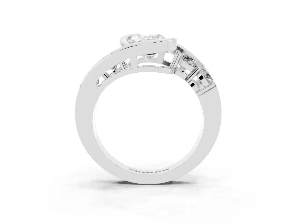 Bezel Set Oval Cut Diamond Bypass Ring with Round Accents Platinum