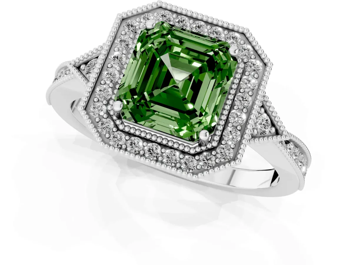 Fancy Green Asscher Cut Halo Round Diamond Milgrain Pave Engagement Ring Silver
