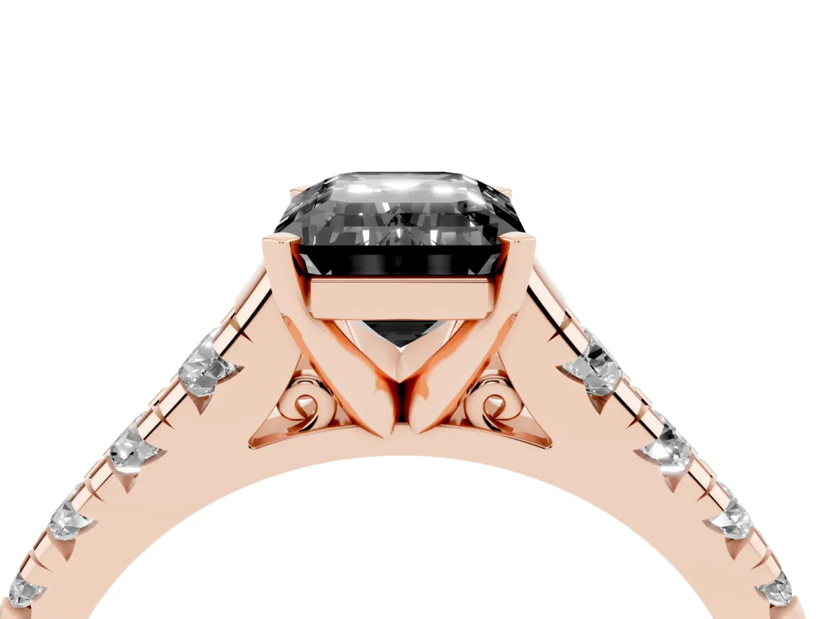 Fancy Black Emerald Cut Diamond Cathedral Solitaire Ring with Round Pavé Band Rose gold