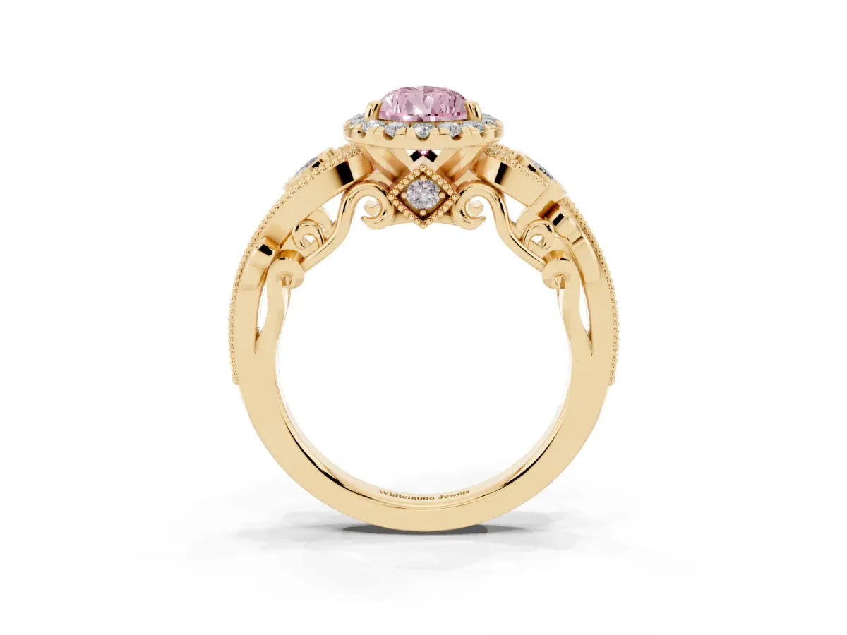 Fancy Pink Pear Cut Diamond Halo Ring with Milgrain Pavé Band and Four-Prong Setting Yellow gold