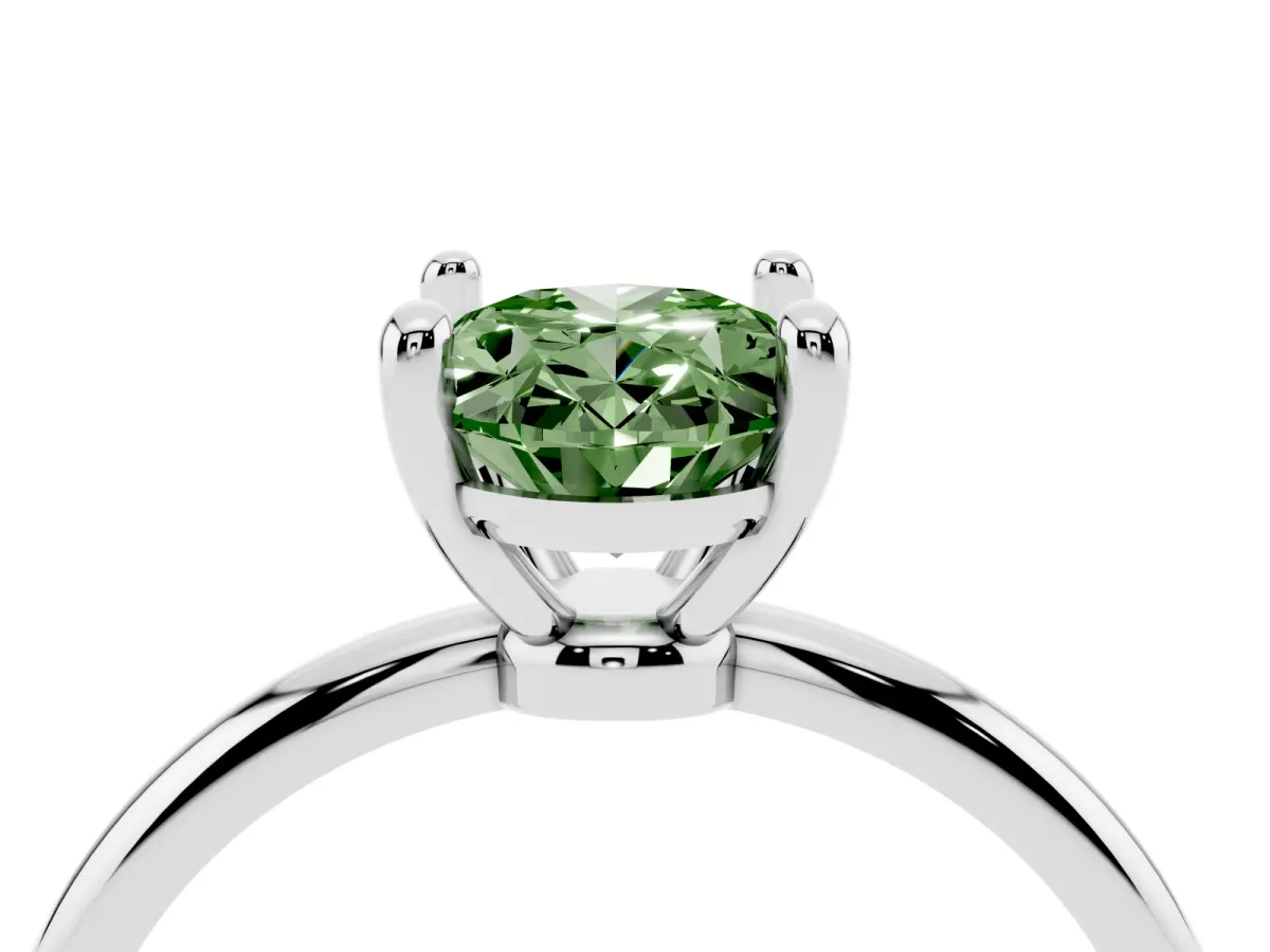 Fancy Green Oval Cut Solitaire Diamond Ring with 4-Prong Setting on a Classic Band Silver
