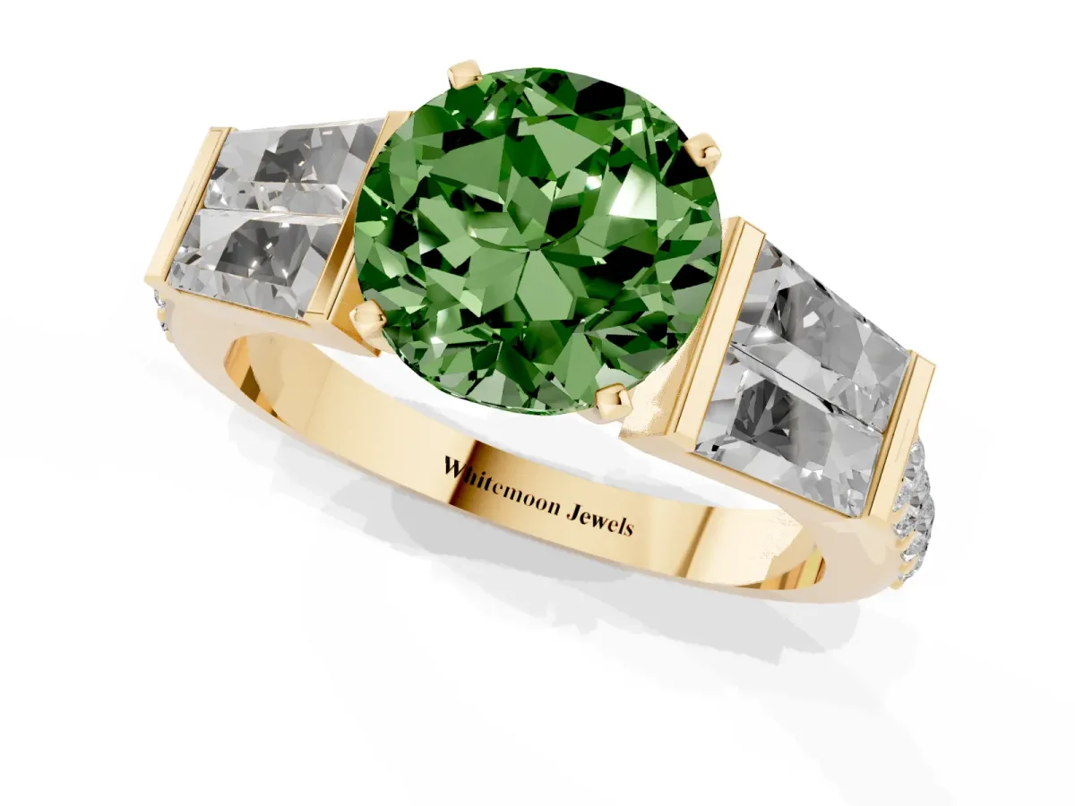 Fancy Green Round Cut Diamond Engagement Ring with Baguette Side Stones and Channel Set Band Yellow gold