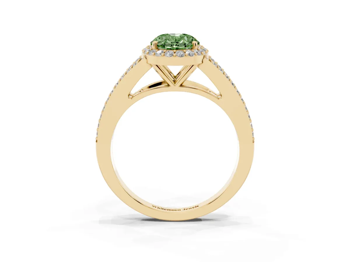 Fancy Green Oval Cut Halo Split Shank Pave Diamond Ring with Four-Prong Setting Yellow gold