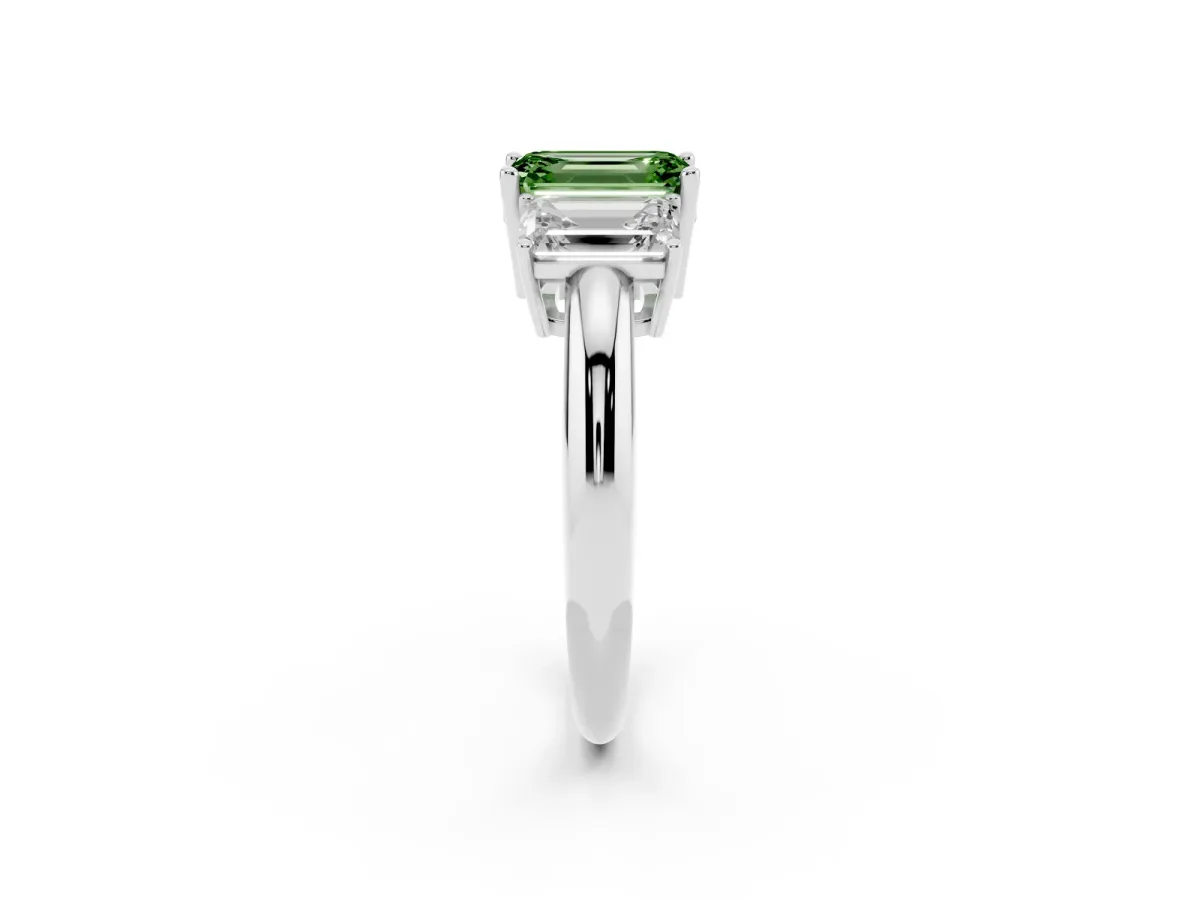 Fancy Green Three-Stone Emerald Cut Cut Diamond Engagement Ring with Prong Setting on a White Gold Band White gold