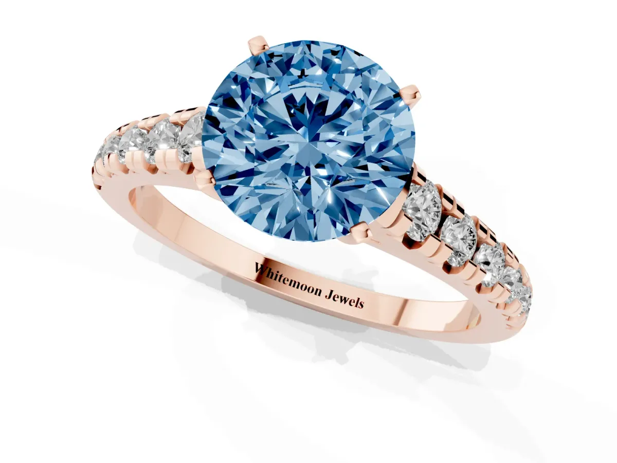 Fancy Blue Round Cut Diamond Cathedral Solitaire Ring with Round Pavé Band Rose gold