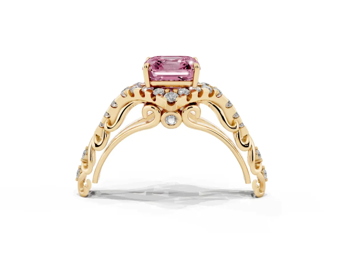 Fancy Pink Asscher Cut Diamond Solitaire Ring with Hidden Halo and Pavé Band Yellow gold