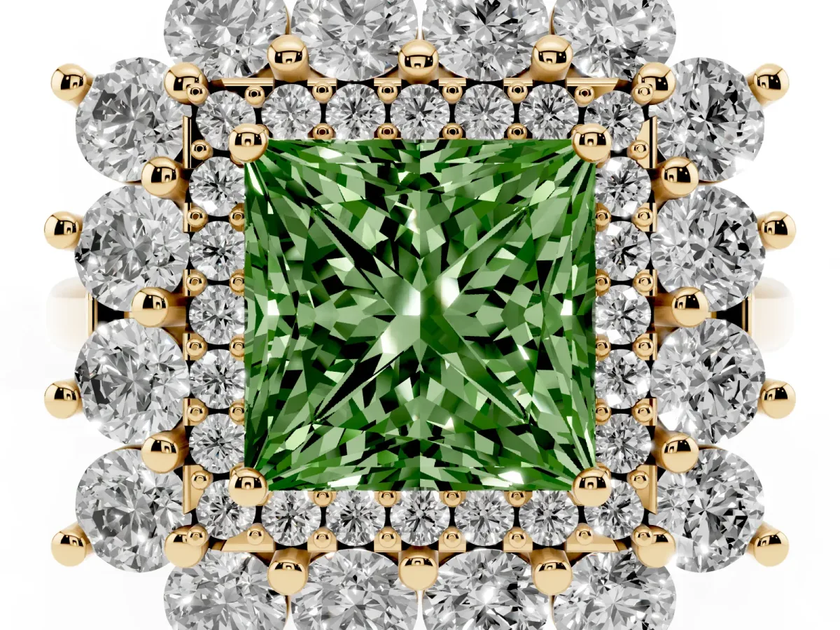 Fancy Green Princess Cut Diamond Floral Double Halo Engagement Ring with Prong Setting Yellow gold