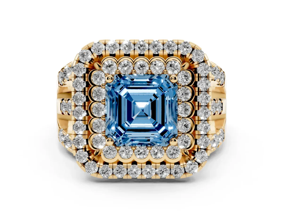 Fancy Blue Asscher Cut Diamond Double Halo Ring with Round Pavé Split Shank and Prong Setting Yellow gold