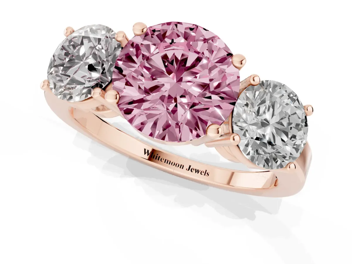 Fancy Pink Three-Stone Round Cut Cut Diamond Engagement Ring with Flat Band and Four-Prong Setting Rose gold