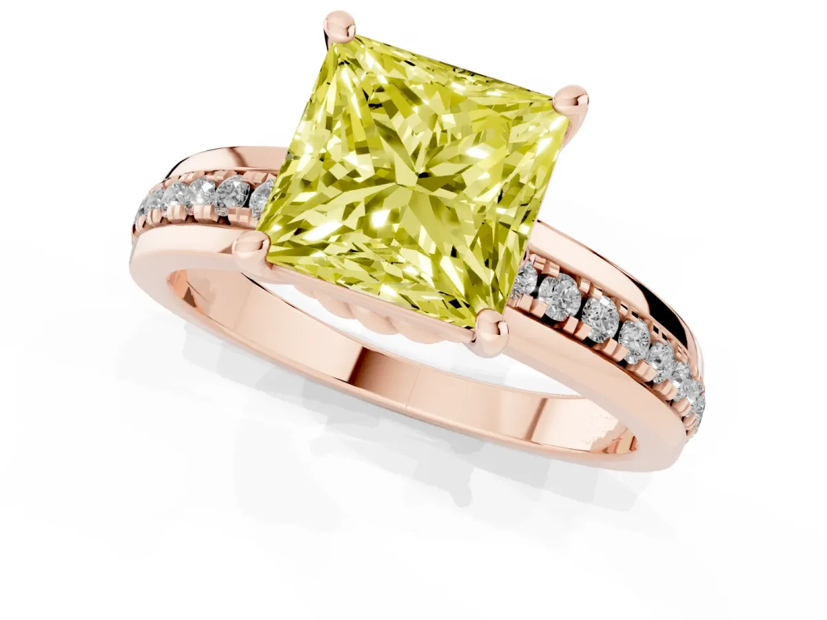 Fancy Yellow Princess Cut Solitaire Diamond Ring with Channel Set Band and Six-Prong Setting Rose gold