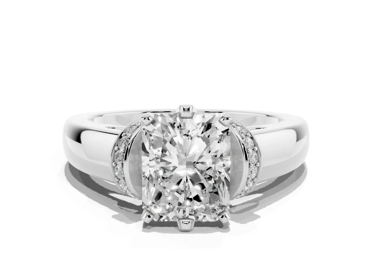 Radiant Cut Solitaire Diamond Ring with Pave Band and Six-Prong Setting Silver