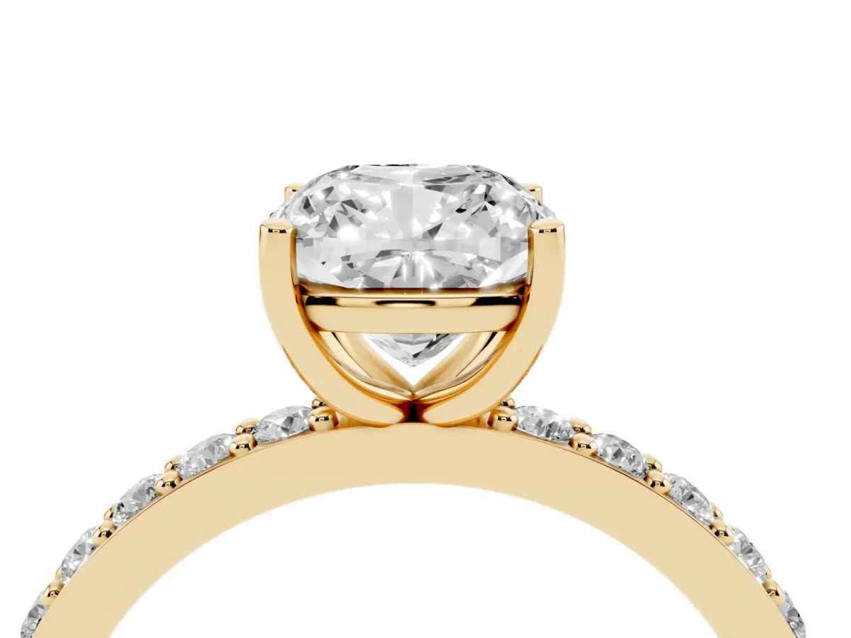 Cushion Cut Cut Diamond Solitaire with Pave Band and Four-Prong Setting Yellow gold