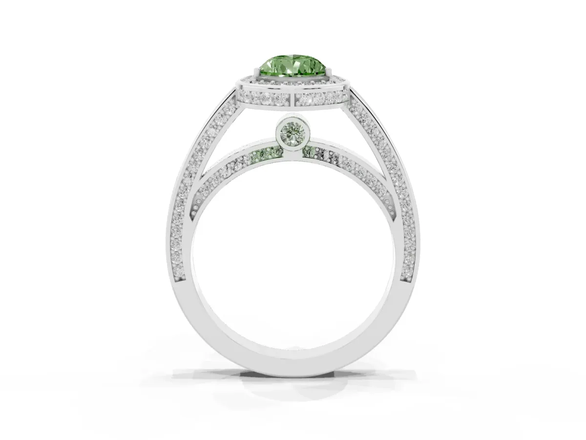 Fancy Green Pear Cut Cut Halo Pave Split Shank Prong Setting Ring Silver