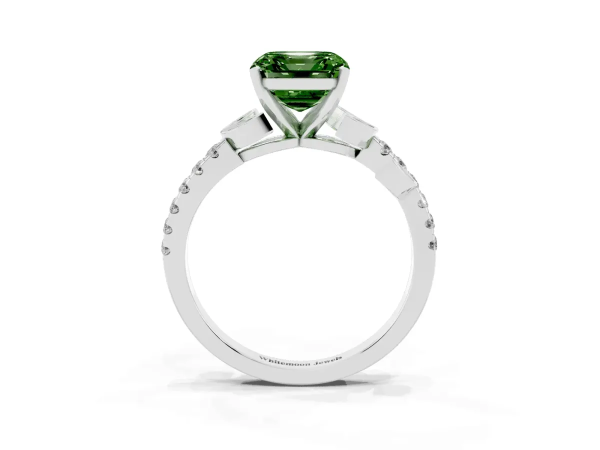 Fancy Green Asscher Cut Solitaire Leaf-Inspired Diamond Ring with Pavé Band and Four-Prong Setting Silver