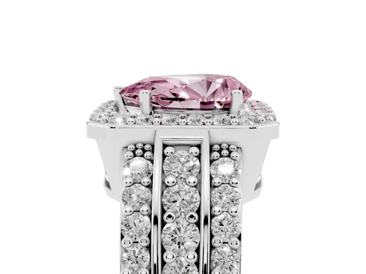 Fancy Pink Pear Cut Halo Diamond Ring with Round Split Shank and Prong Setting Platinum