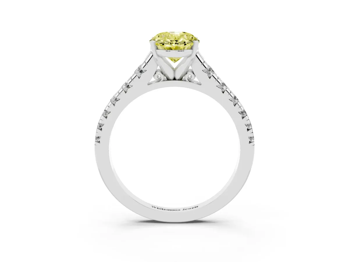 Fancy Yellow Oval Cut Diamond Cathedral Solitaire Ring with Round Pavé Band Silver
