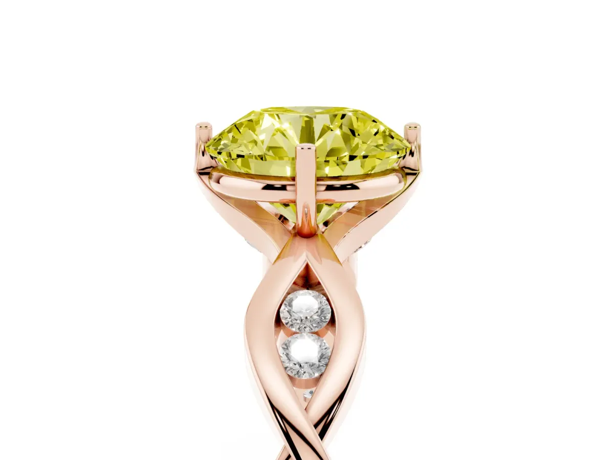 Fancy Yellow Round Cut Solitaire Twist Band with Leaf Prong Setting Rose gold