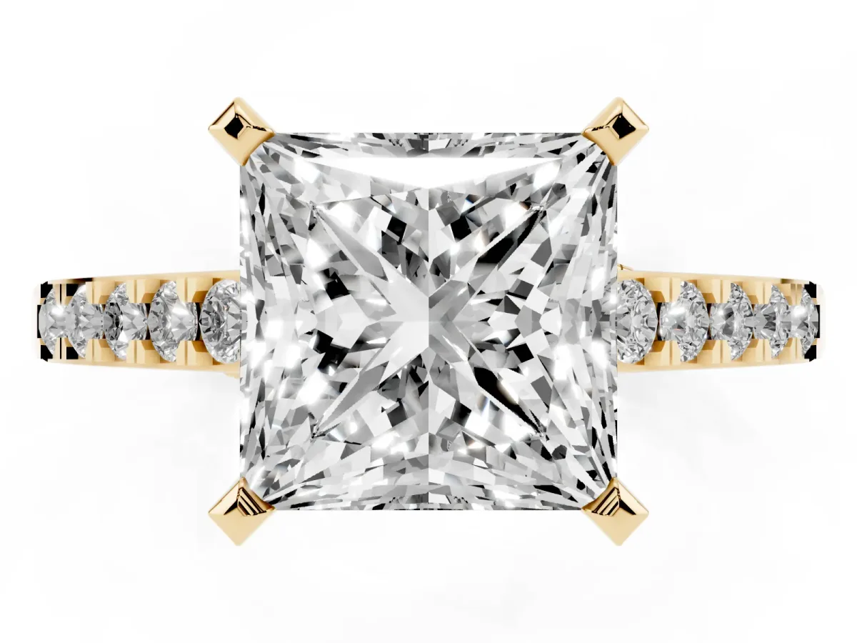 Princess Cut Diamond Solitaire Ring with Crossover Gallery and Round Pavé Band Yellow gold