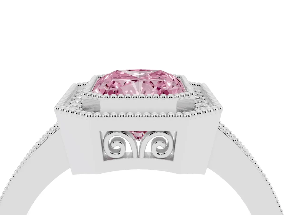 Fancy Pink Radiant Cut Cut Halo Diamond Ring with Pavé Band and Milgrain Prong Setting Platinum