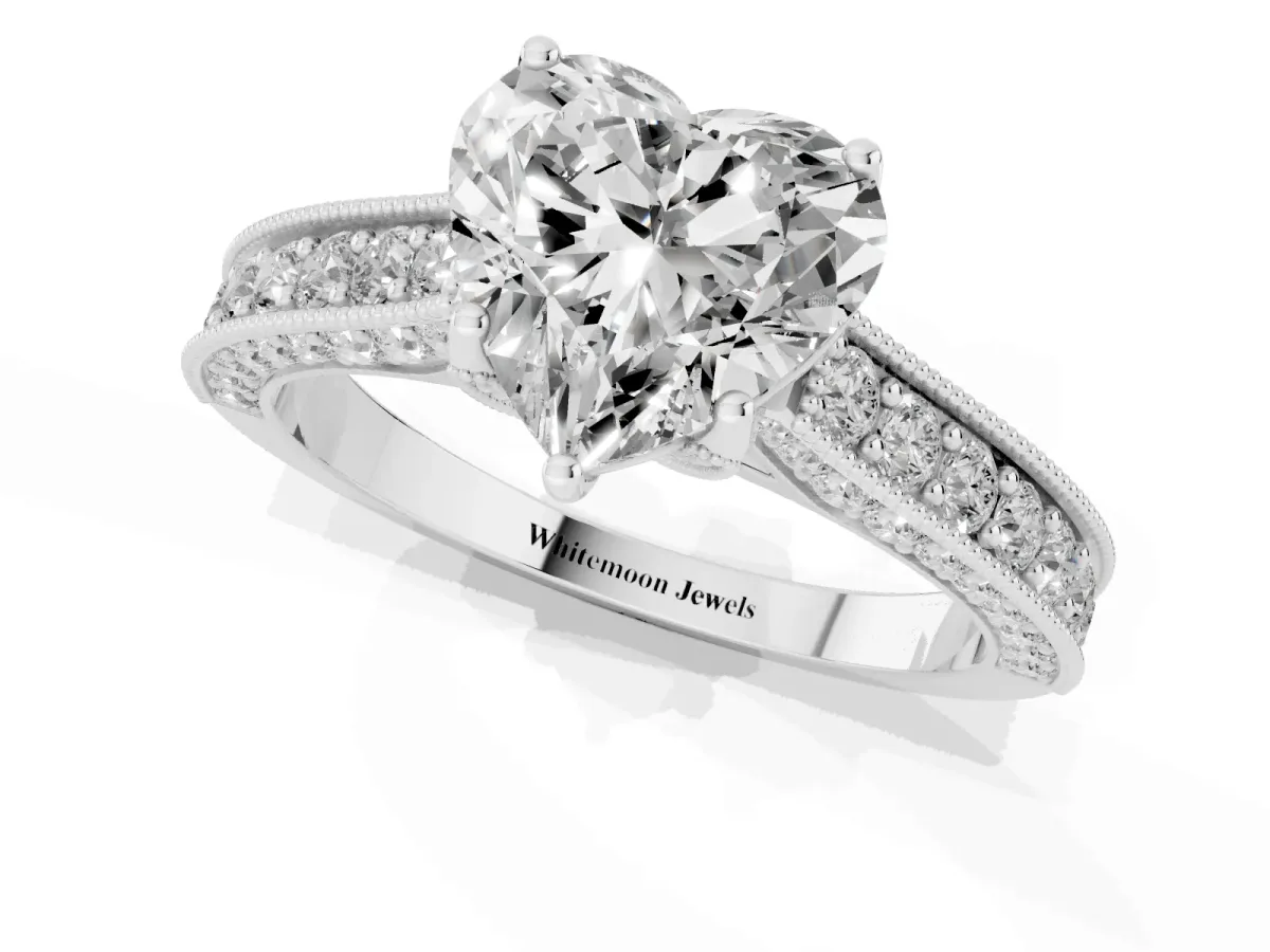 Heart Cut Cut Diamond Solitaire Ring with Milgrain Pave Band and Four Prong Setting Silver