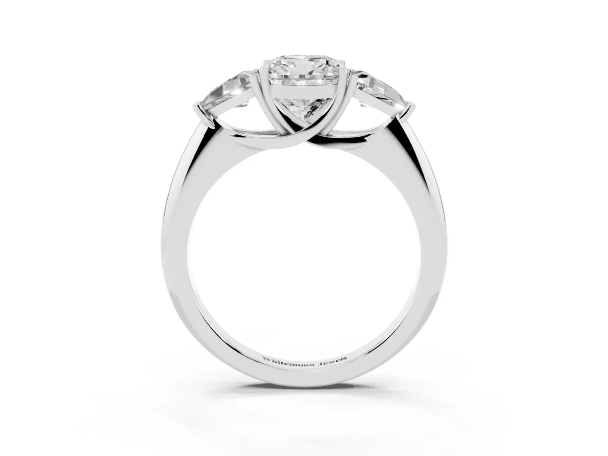 Three-Stone Cushion Cut Diamond Engagement Ring with Trillion Side Stones and Prong Setting Silver