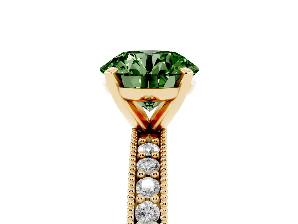 Fancy Green Round Cut Diamond Milgrain Pavé Engagement Ring with Four-Prong Setting Yellow gold