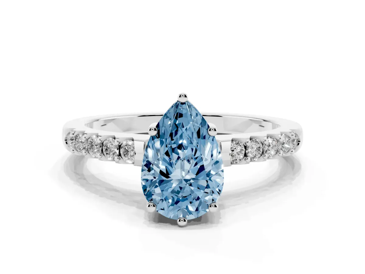 Fancy Blue Pear Cut Solitaire Diamond Engagement Ring with Pavé Band and Six-Prong Setting Silver
