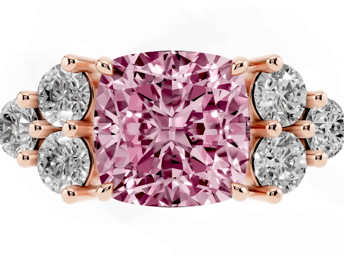 Fancy Pink Cushion Cut Brilliant Diamond Cluster Accent Solitaire Ring with Prong Setting Rose gold