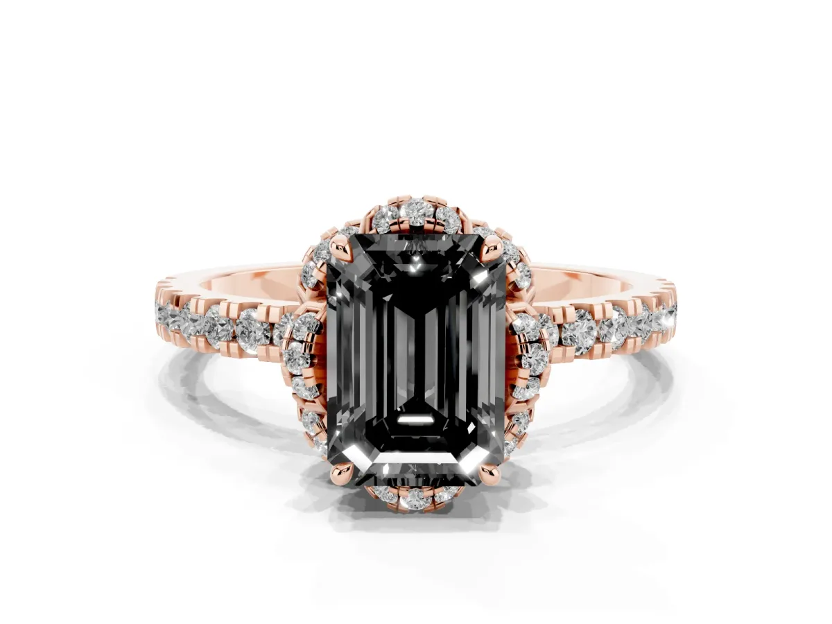 Fancy Black Emerald Cut Diamond Halo Pave Band with Four-Prong Setting Rose gold