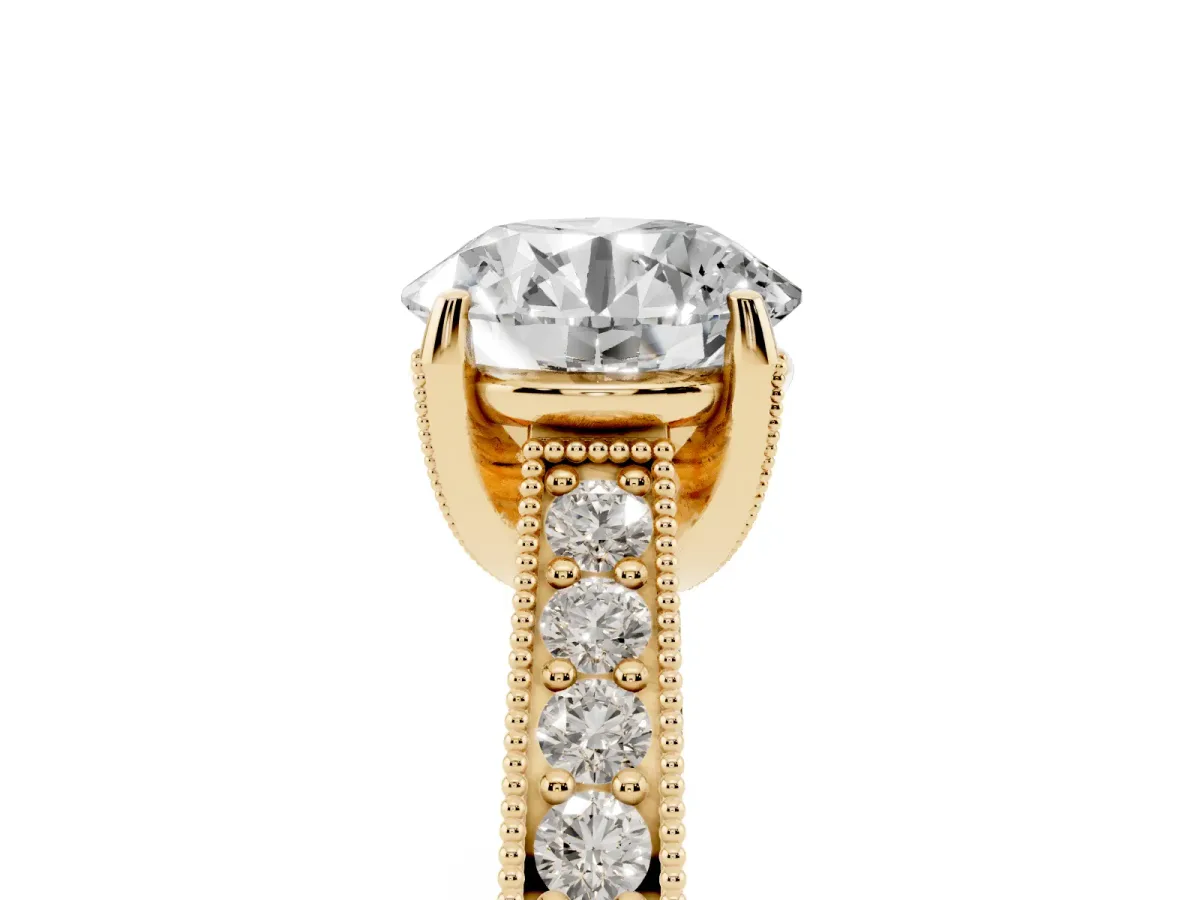 Round Cut Cut Diamond Solitaire Ring with Milgrain Pave Band and Four Prong Setting Yellow gold