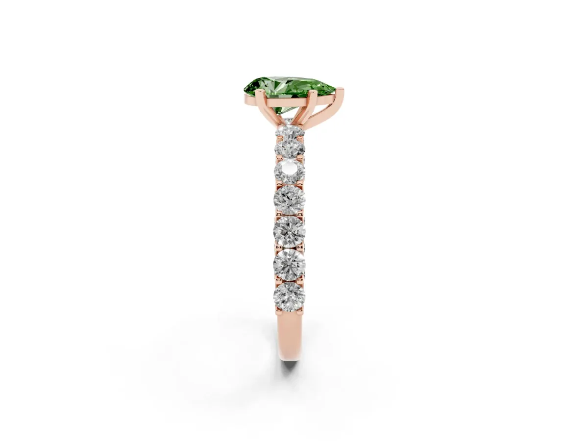Fancy Green Pear Cut Diamond Solitaire Ring with Shared Prong Pavé Band and Four-Prong Setting Rose gold