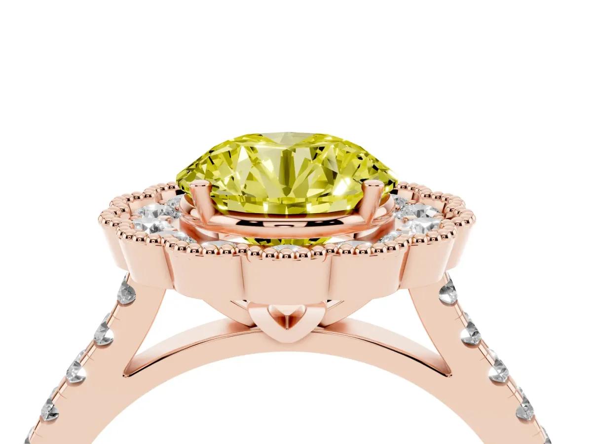 Fancy Yellow Round Cut Cut Diamond Milgrain Floral Halo Engagement Ring with Pavé Band Rose gold