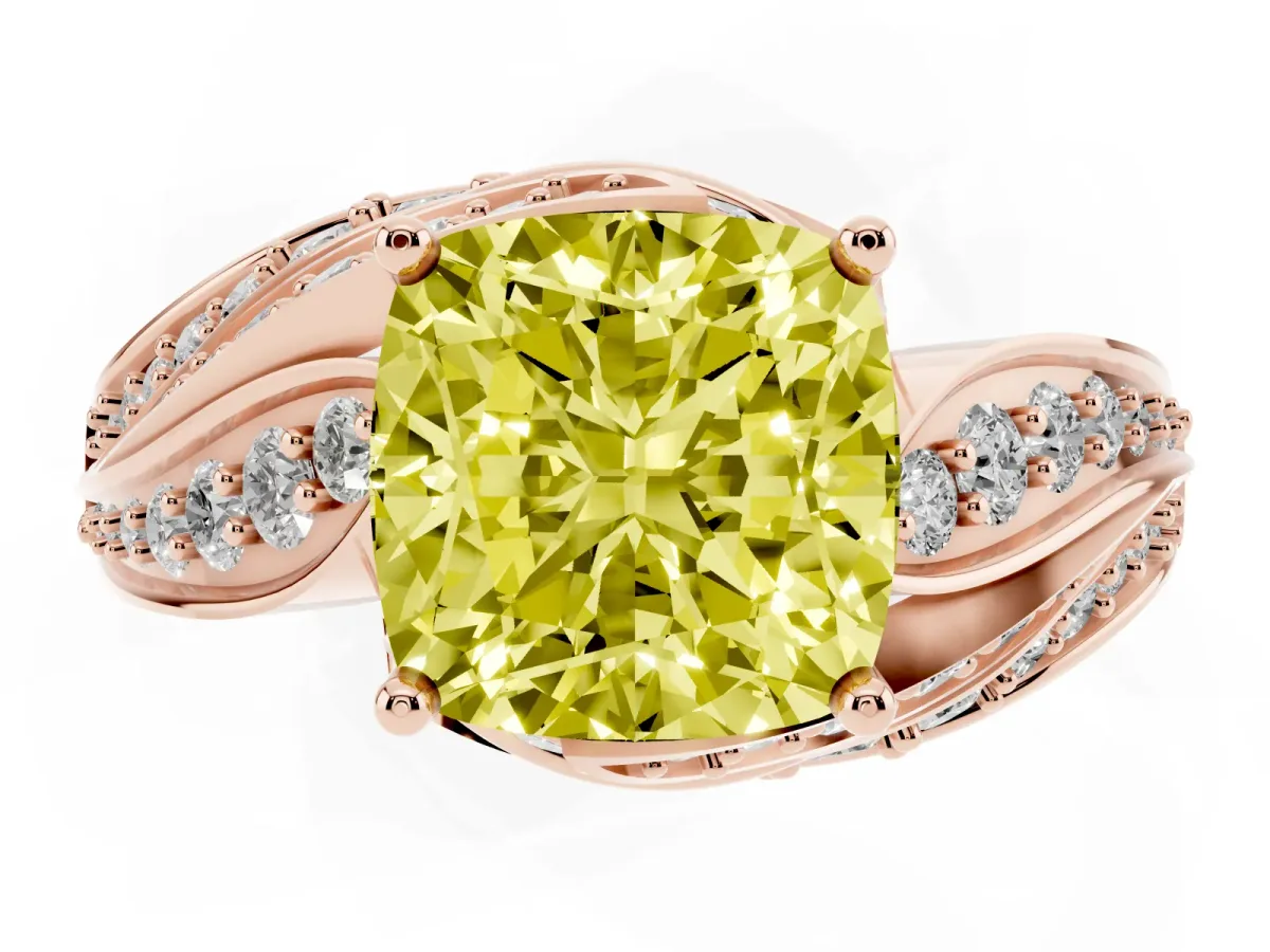 Fancy Yellow Cushion Cut Diamond Solitaire Ring with Prong Setting and Twisted Pavé Band Rose gold