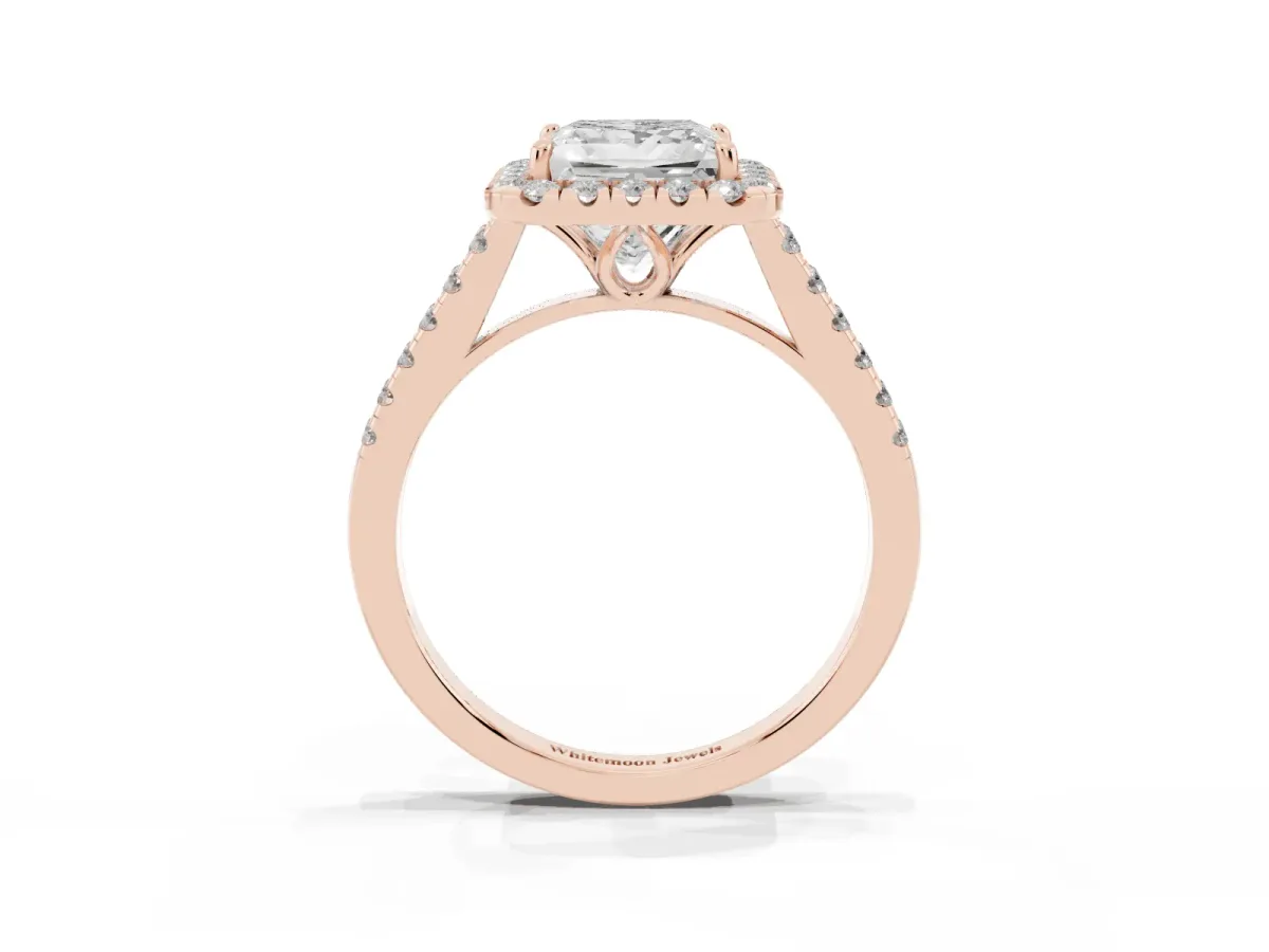 Princess Cut Halo Pavé Diamond Engagement Ring with Four-Prong Setting Rose gold