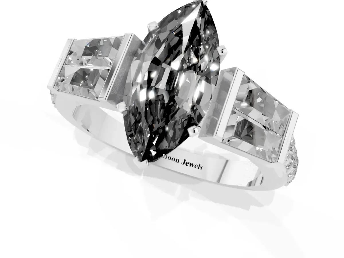 Fancy Black Marquise Cut Diamond Engagement Ring with Baguette Side Stones and Channel Set Band Silver