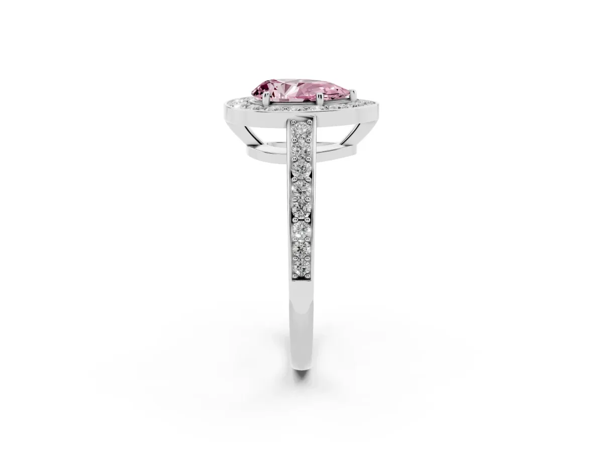 Fancy Pink Pear Cut Halo Pavé Diamond Engagement Ring with Bezel Setting Platinum