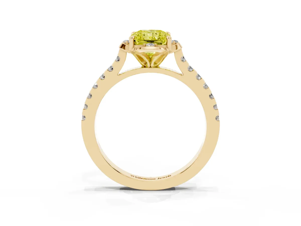 Fancy Yellow Radiant Cut Diamond Ring with Pavé Band and Floral Prong Setting Yellow gold