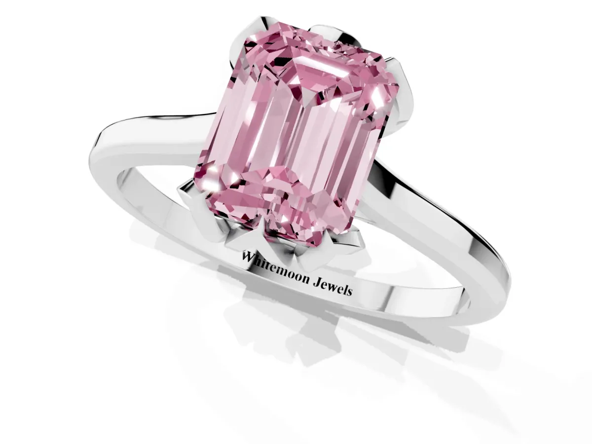 Fancy Pink Emerald Cut Diamond Solitaire Ring with Flower Prong Setting and Classic Band Silver