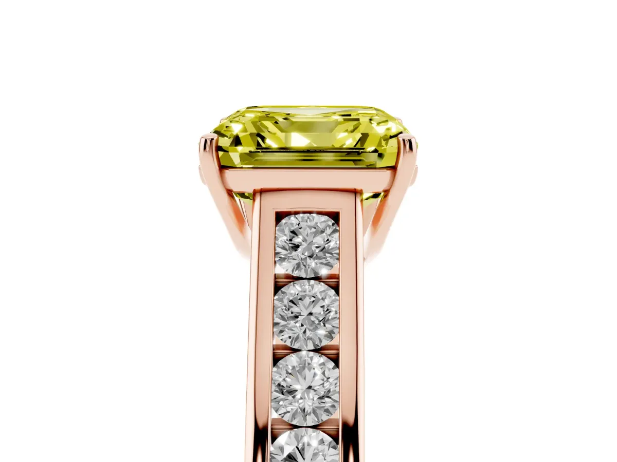 Fancy Yellow Asscher Cut Solitaire Channel-Set Diamond Engagement Ring with Four-Prong Setting Rose gold