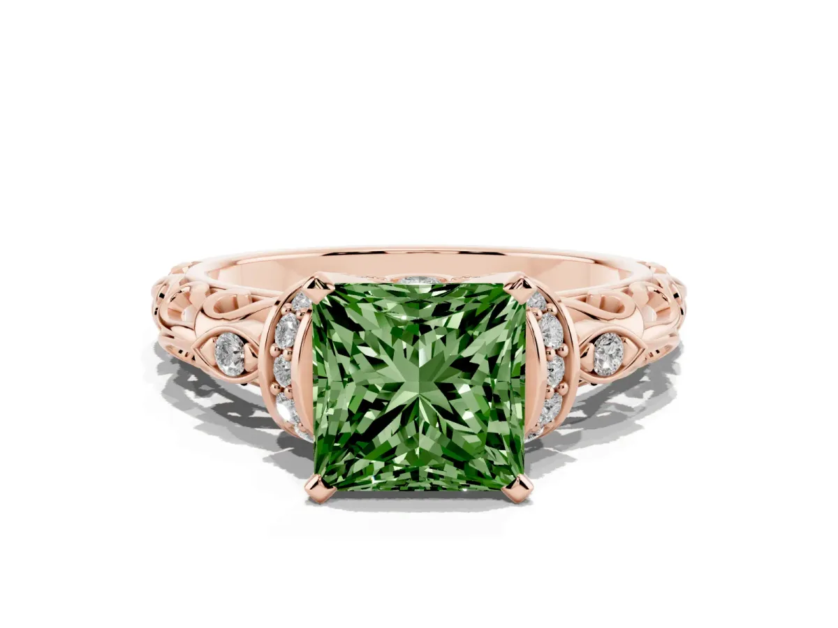 Fancy Green Princess Cut Diamond Solitaire Ring with Filigree Band and Four-Prong Setting Rose gold