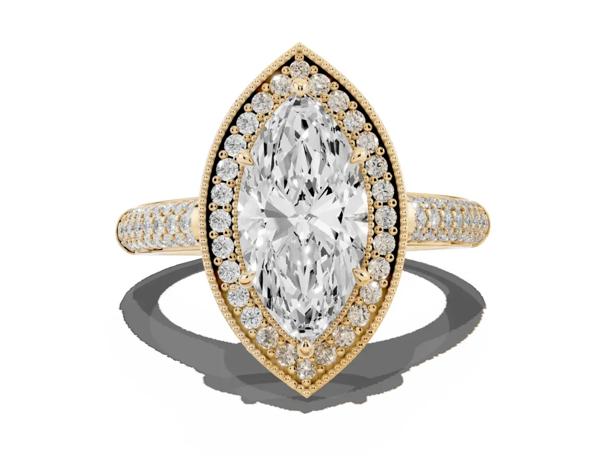 Marquise Cut Cut Halo Diamond Pave Band with Four-Prong Setting Yellow gold