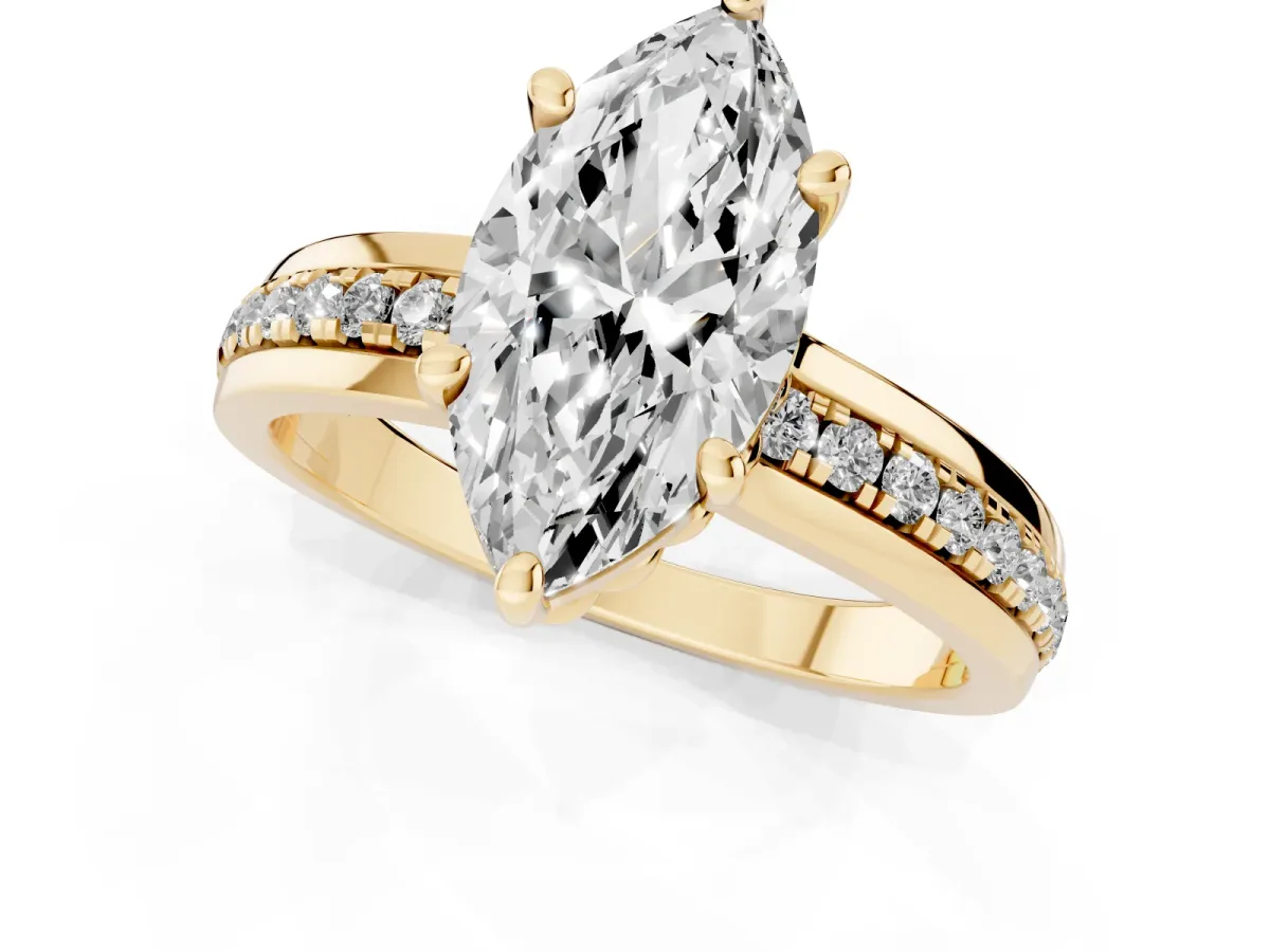 Marquise Cut Solitaire Diamond Ring with Channel Set Band and Six-Prong Setting Yellow gold