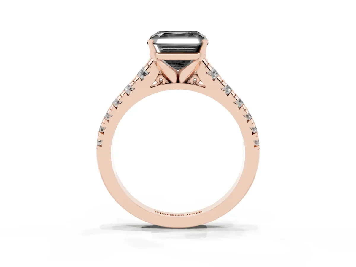 Fancy Black Asscher Cut Diamond Cathedral Solitaire Ring with Round Pavé Band Rose gold